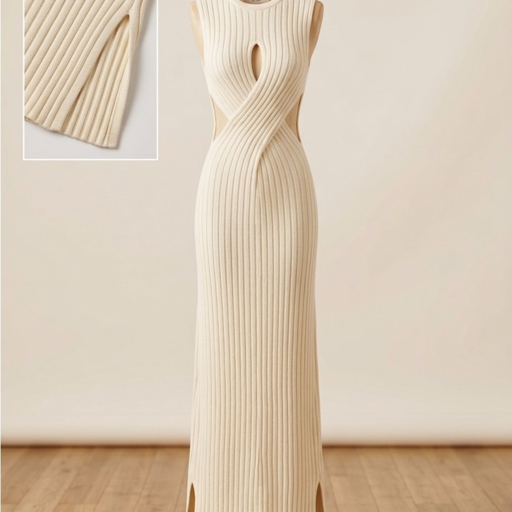 Ronny Kobo Cream Ribbed Maxi Dress with Twist Keyhole
